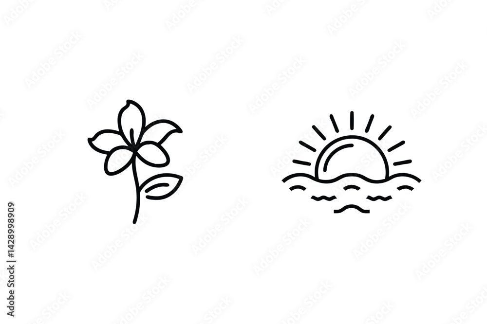 Obraz premium Minimalist Design Of Flower And Sunset Over Sea Waves Black Line Art
