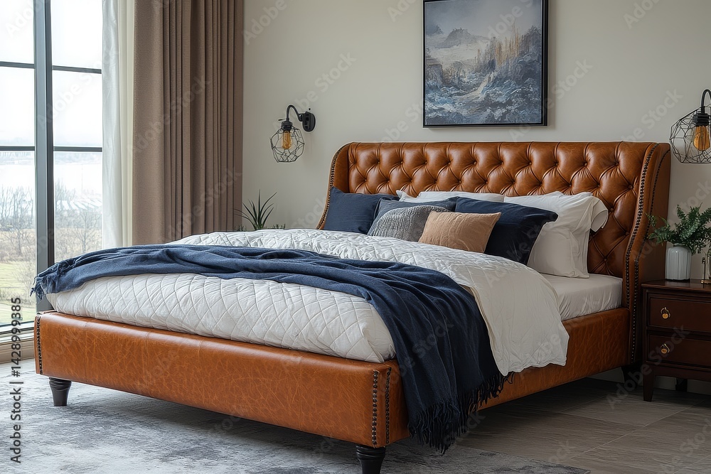 Obraz premium Minimalist brown leather bed with diamond-patterned headboard, black legs, and sleek design in modern bedroom with white walls and light grey carpet