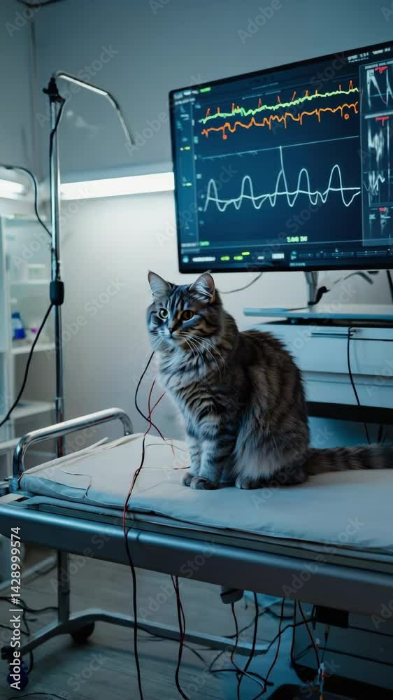 Fluffy tabby cat sits on medical examination table in hospital room ...