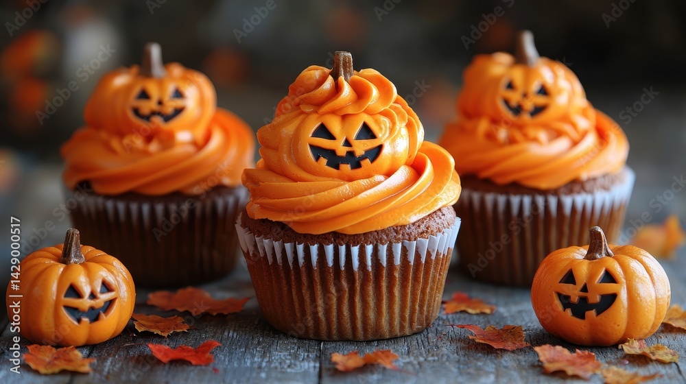 Festive Halloween cupcakes with orange frosting and pumpkin decorations in autumn setting Festive Halloween cupcakes with orange frosting and pumpkin decorations in autumn setting