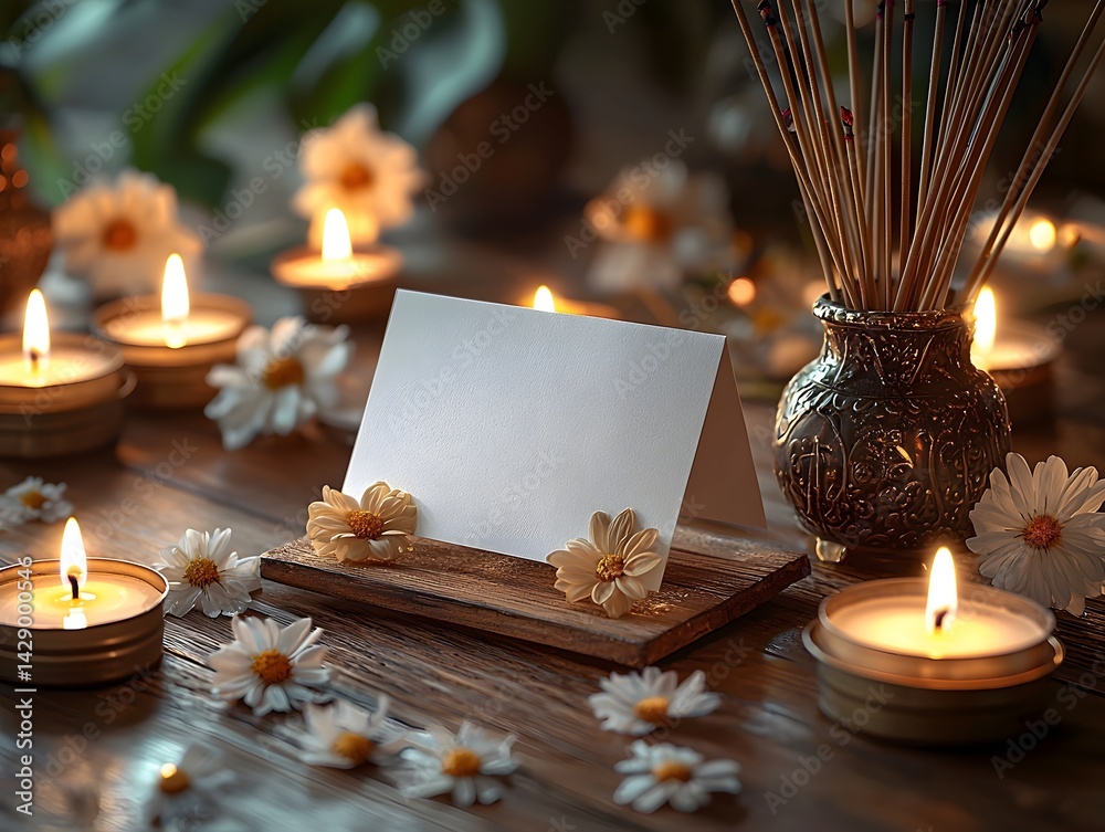 Peaceful altar with a blank gift card and candles