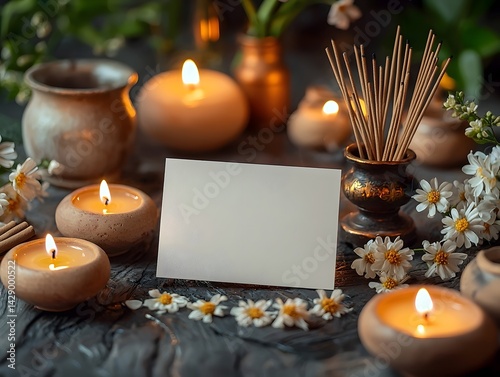 Serene altar with candles incense and a blank gift card