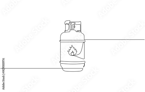 One line drawing of cylindrical gas tank with fire sign, Kitchen and cooking cylindrical gas continuous one line drawing line Icon - editable stroke.