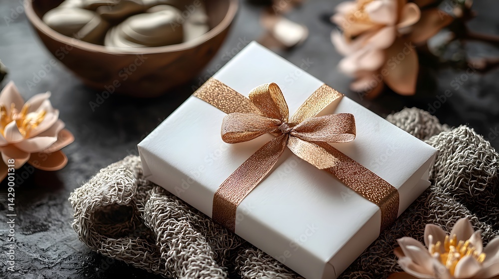 Elegant white gift box with golden ribbon and spiritual elements
