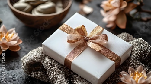 Obraz na płótnie Elegant white gift box with golden ribbon and spiritual elements w salonie