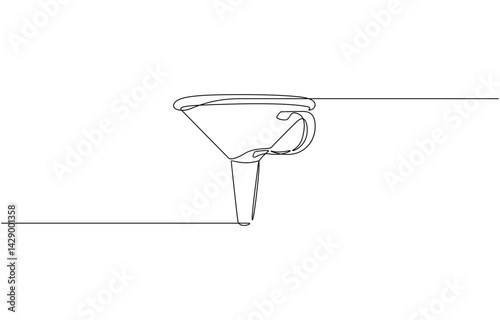 Stainless steel funnel with handle continuous one line drawing, Sieve and funnel, Hand with sieve. Funnel in background.
