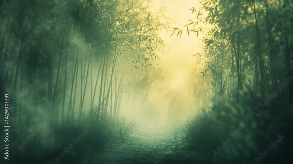 Misty bamboo forest path, sunrise; serene nature background for meditation or travel Misty bamboo forest path, sunrise; serene nature background for meditation or travel