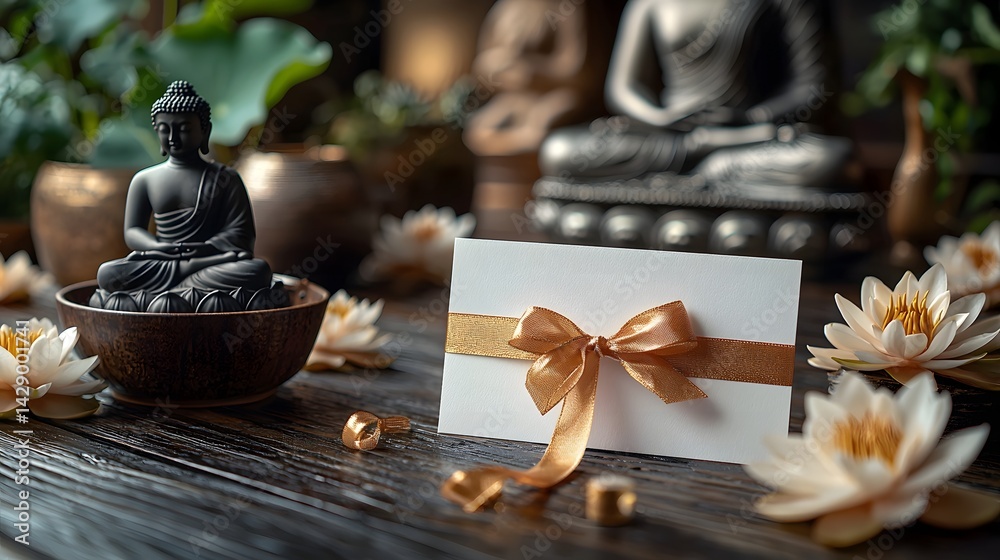 Buddha statue and lotus flowers with a gift card