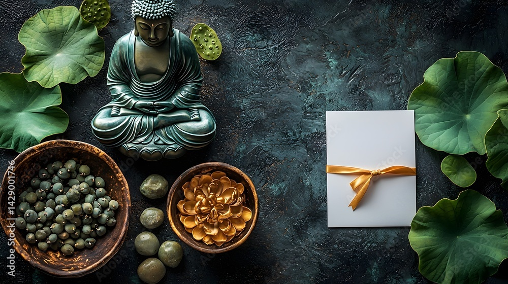 Tranquil Buddha and Lotus Flower Gift Card with Golden Ribbon