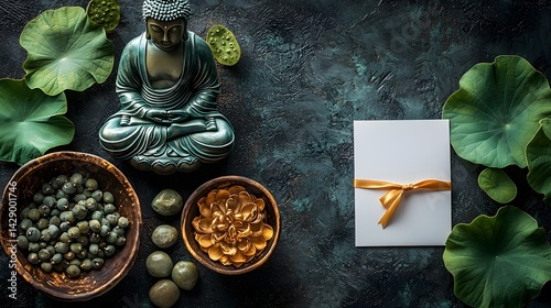 Obraz na płótnie Tranquil Buddha and Lotus Flower Gift Card with Golden Ribbon w salonie