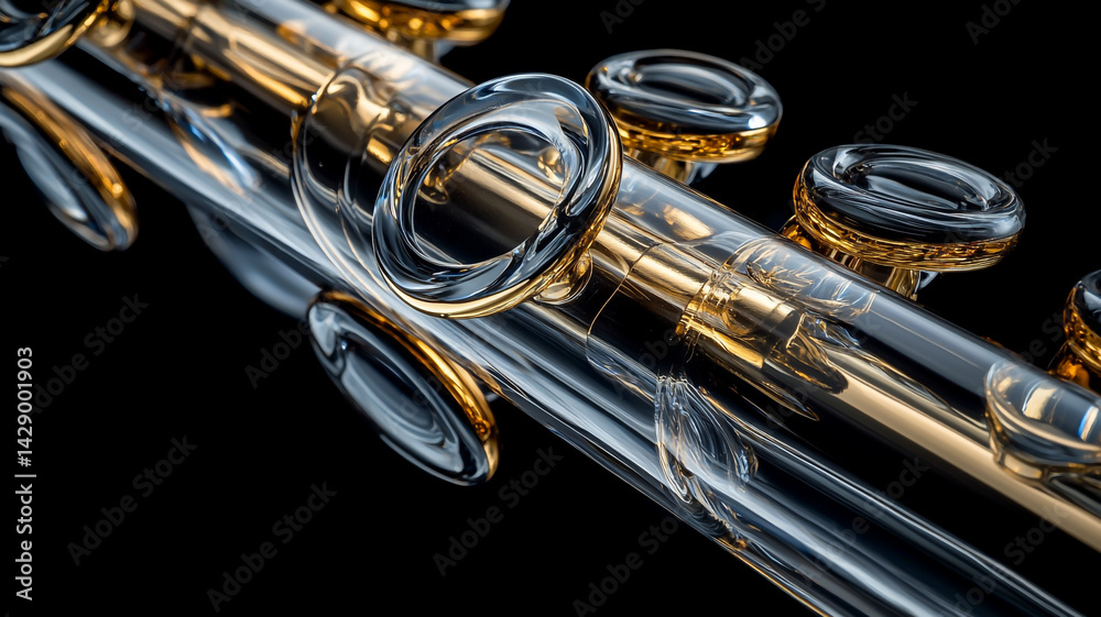 Naklejka premium Close-up of an elegant glass flute, with reflections on the metal pipes, against an isolated black background. This high-resolution, professional photograph was taken in a studio with lighting.