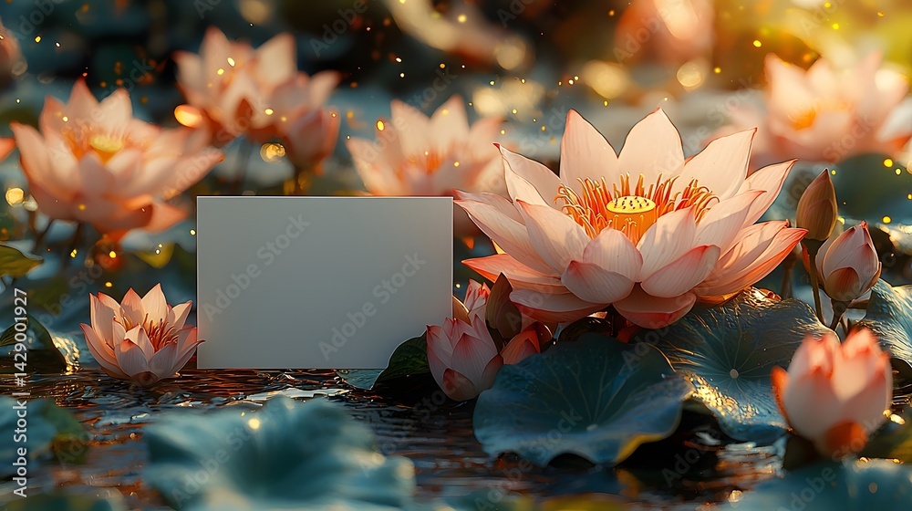 Serene lotus blooms surround a blank white gift card in a peaceful spiritual setting