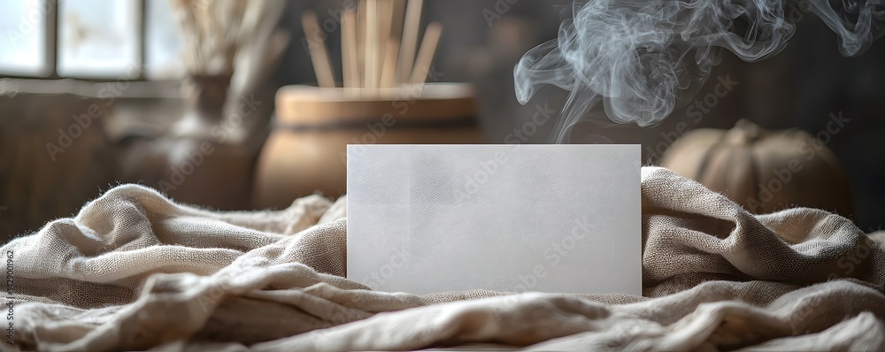 Blank white gift card on folded fabric with incense smoke