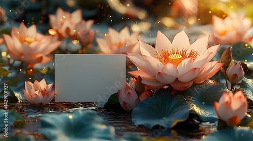 Obraz na płótnie Serene lotus blooms surround a blank white gift card in a peaceful spiritual setting w salonie
