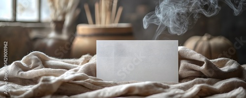 Obraz na płótnie Blank white gift card on folded fabric with incense smoke w salonie