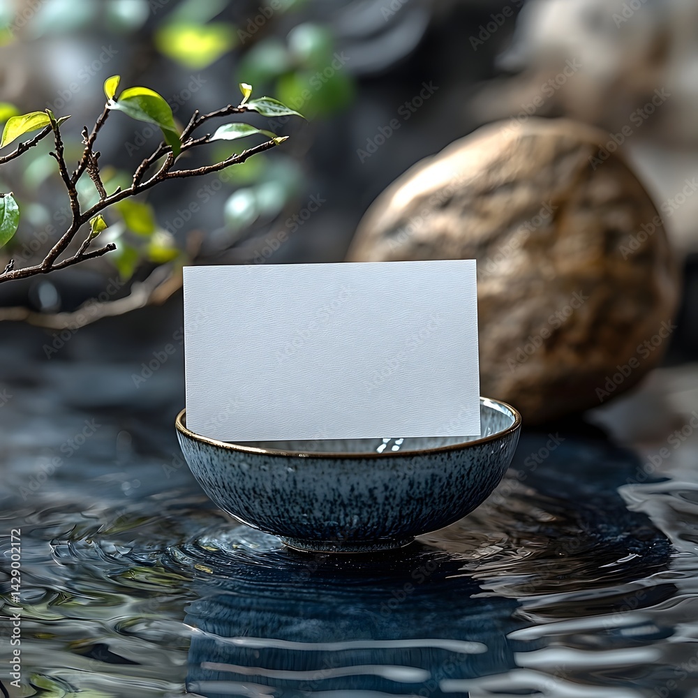 A peaceful meditation bowl with a blank card for contemplation