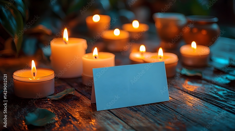 Glowing candles surrounding a blank white gift card on a wooden table