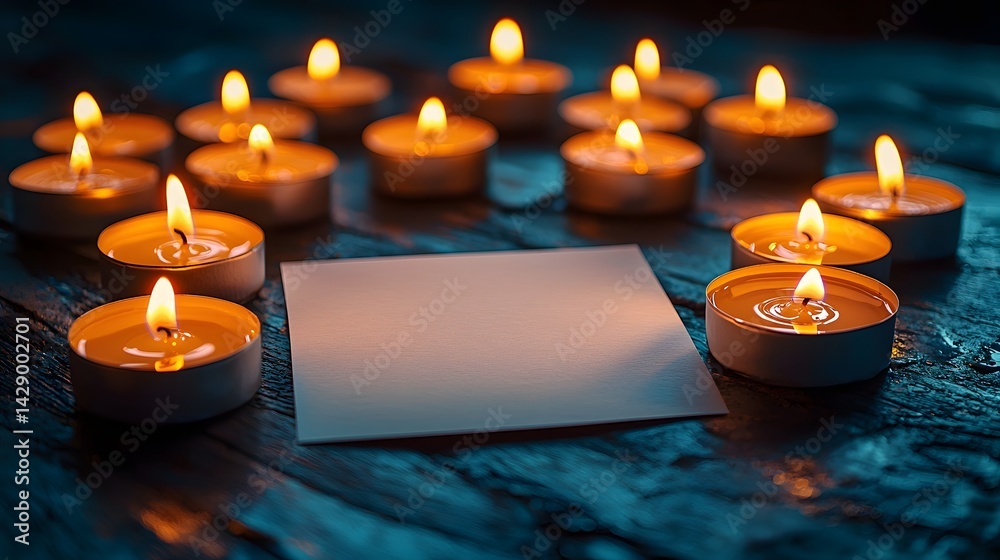 Glowing candles surrounding a blank white gift card for a special occasion