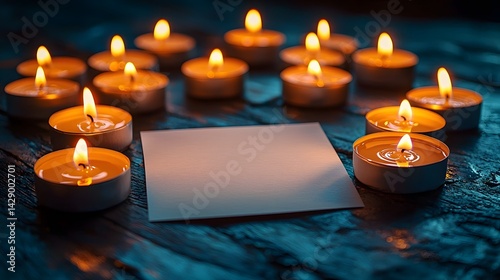 Glowing candles surrounding a blank white gift card for a special occasion