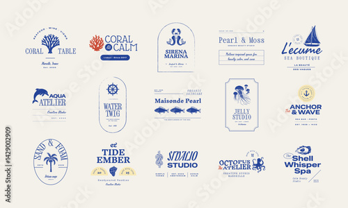 Set of ocean-themed vector logos. Includes stylized waves, marine animals, and coastal elements. Great for branding beach resorts, travel services, or eco-friendly businesses.