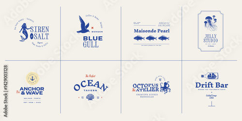 Set of ocean-themed vector logos. Includes stylized waves, marine animals, and coastal elements. Great for branding beach resorts, travel services, or eco-friendly businesses.