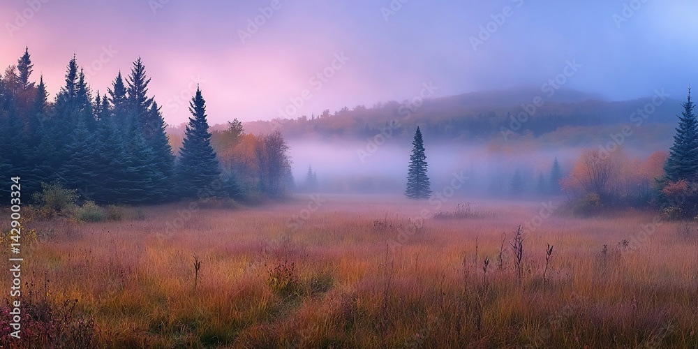 Ethereal woodland panorama with fog veiled trees and dreamy pastel sky Ethereal woodland panorama with fog veiled trees and dreamy pastel sky