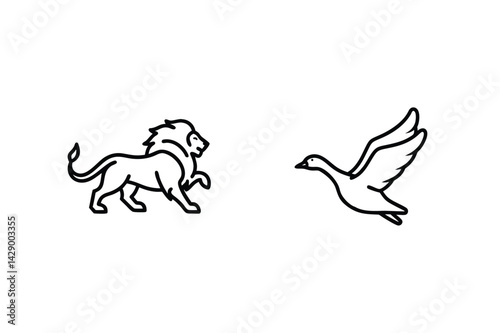 Lion And Flying Goose Outline Illustration Wildlife And Bird Minimalist Design