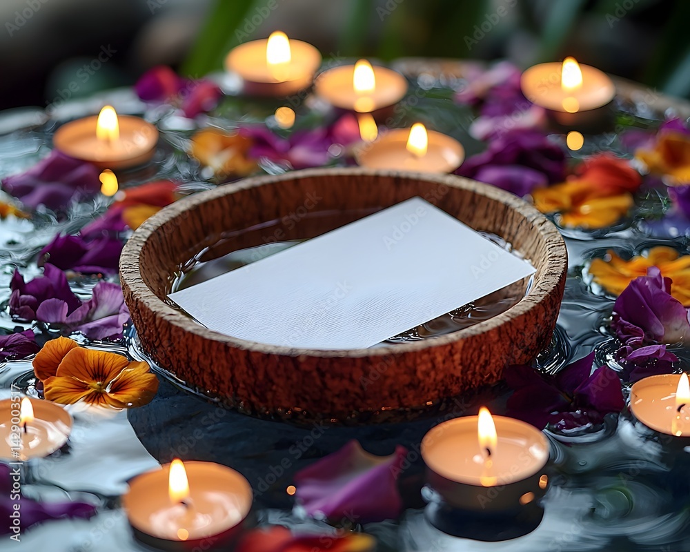 Tranquil water bowl with floating candles and flower petals surrounding a blank white gift card