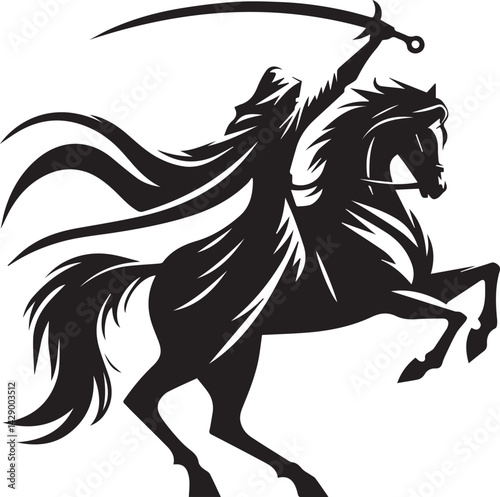 Silhouette of Medieval Warrior on Horse with Sword – Vector Art	