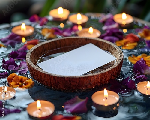 Obraz na płótnie Tranquil water bowl with floating candles and flower petals surrounding a blank white gift card w salonie