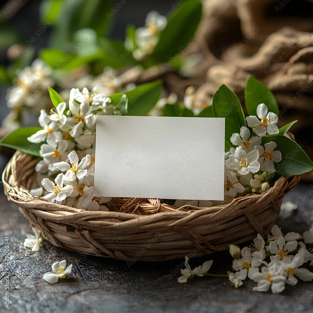 Blank white gift card in a woven basket with delicate jasmine flowers
