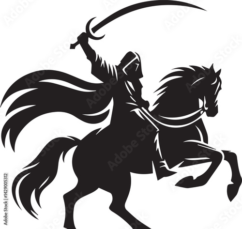 Silhouette of Medieval Warrior on Horse with Sword – Vector Art	