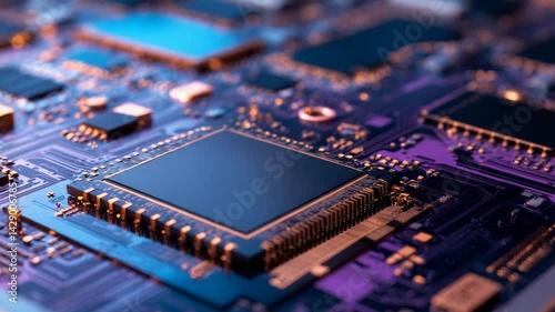 A pattern of microprocessor circuits on a silicon wafer used in semiconductor and photonic manufacturing.