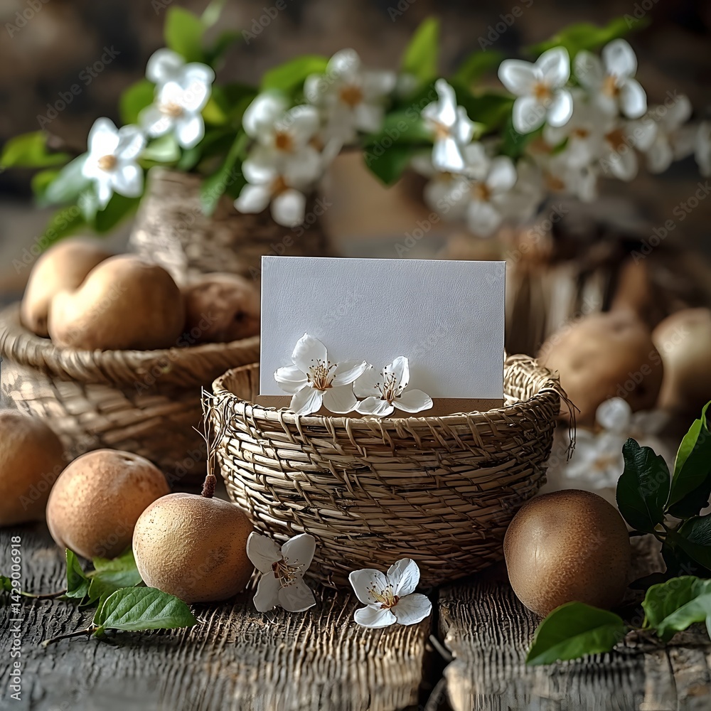A woven basket filled with jasmine garlands and symbolic fruits on a wooden surface