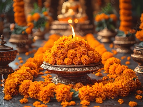 Obraz na płótnie Marigold garlands and a miniature stupa centerpiece in a spiritual offering ceremony w salonie