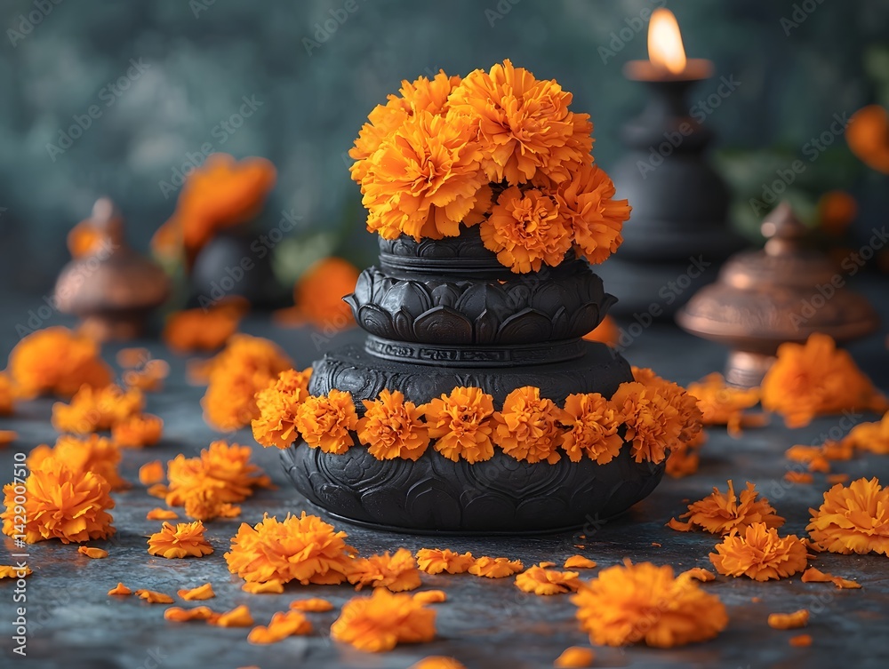 Vibrant marigold flowers adorning a Buddhist stupa centerpiece