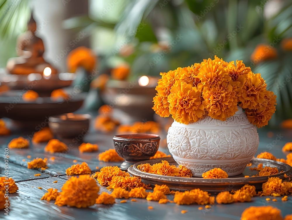 Vibrant marigold flowers and a miniature stupa on a wooden table