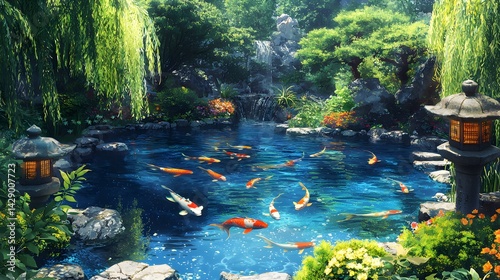 Tranquil Japanese Garden with Koi Fish Swimming in Clear Water