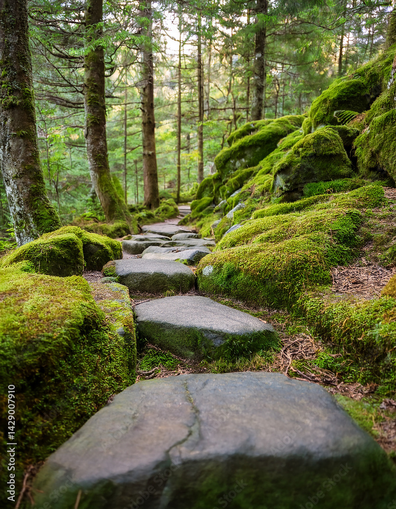 Fototapeta premium Tranquil forest path paved with stepping stones, surrounded by rocks blanketed in soft moss.
