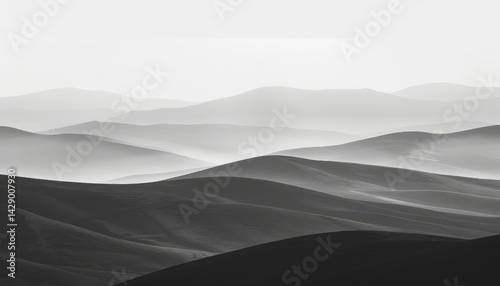 A minimalist black and white landscape photograph of rolling hills, with the foreground showing subtle gradients in shades from dark grey to light gray