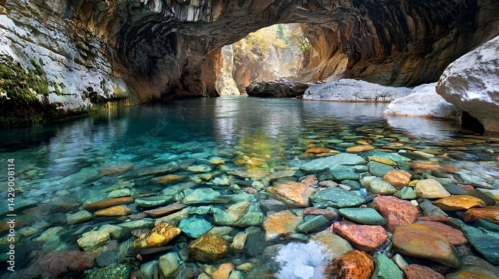 Fototapeta premium Tranquil Cave with Crystal Clear Water and Colorful Stones