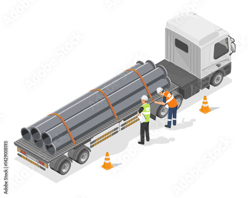 Two industrial workers inspecting and securing large steel pipes on a flatbed truck for transportation safety at a construction site isometric