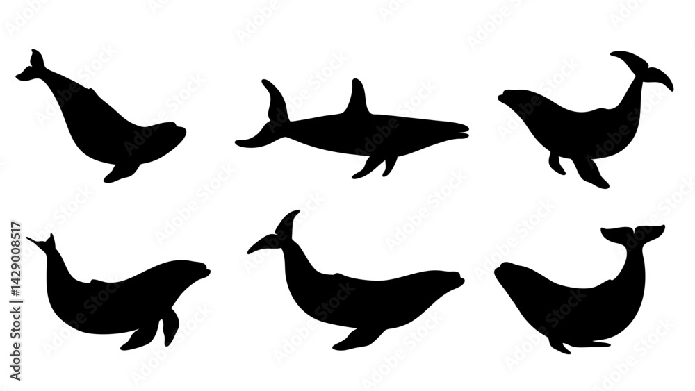 Obraz premium set of Blue whale silhouette vector on white background
