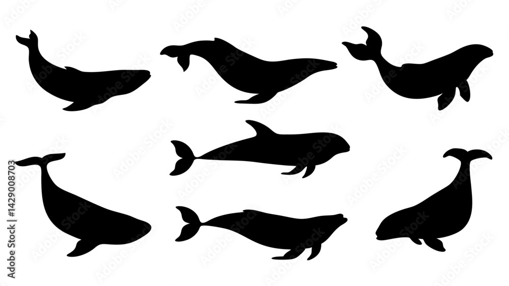 Obraz premium set of Blue whale silhouette vector on white background