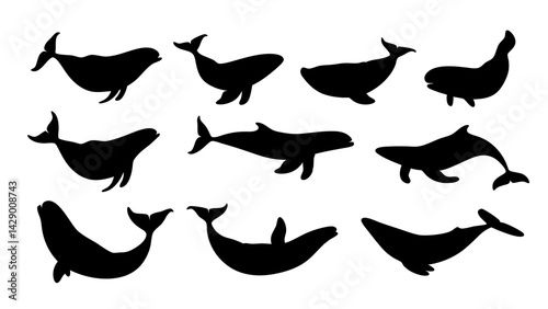 set of Blue whale silhouette vector on white background