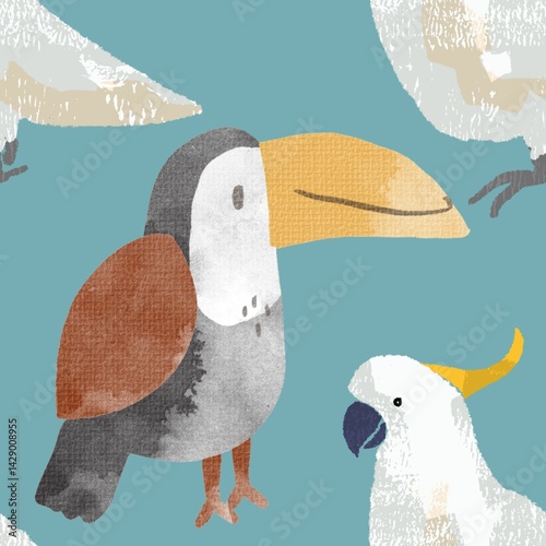 seamless pattern of exotic birds with light blue background