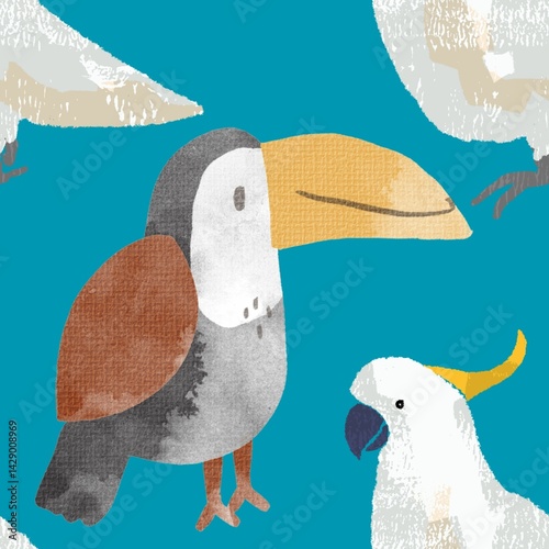 seamless pattern of exotic birds with blue background