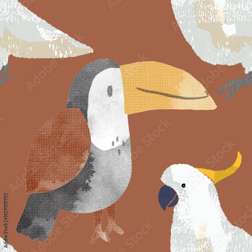 seamless pattern of exotic birds with brown background