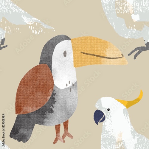 seamless pattern of exotic birds with light brown background