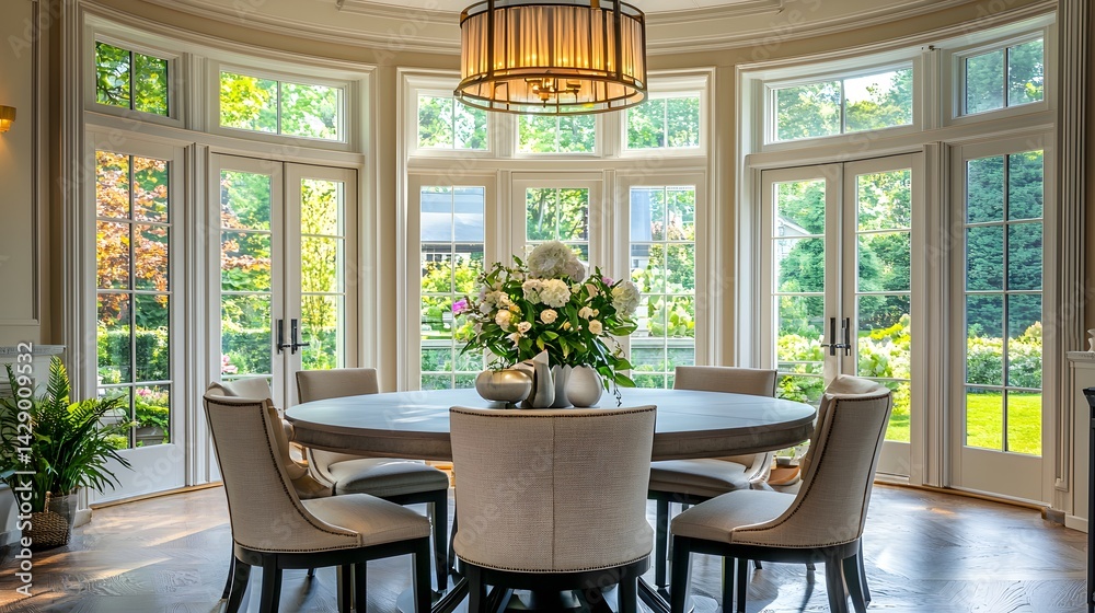 Obraz premium Elegant dining room with large windows and fresh flower centerpiece